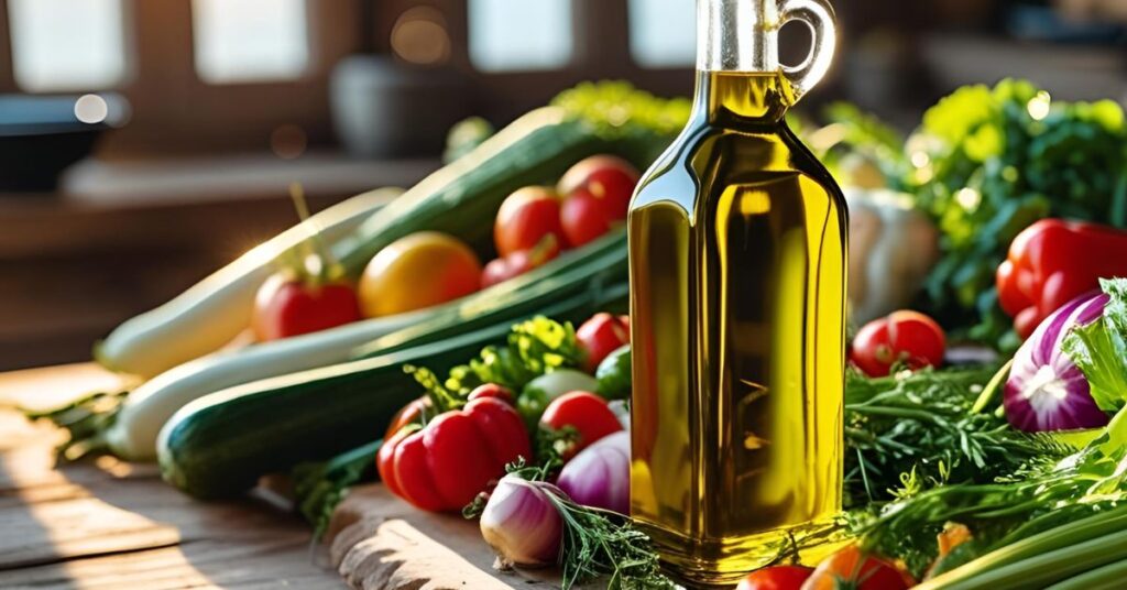 food with olive oil bottle