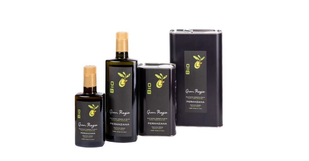 Gran Pregio Bio’s full range of organic extra virgin olive oils, featuring Coratina and Peranzana varieties in elegantly designed bottles.