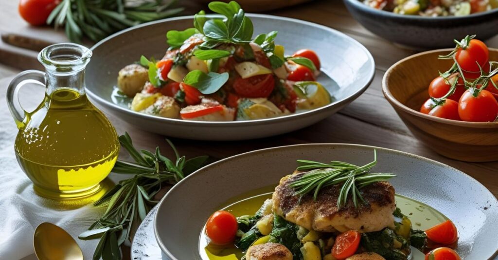 Mediterranean dishes with olive oil on a table