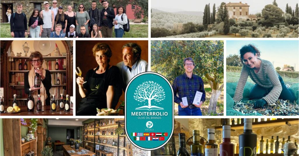 Collage of Mediterranean olive oil producers, tasting rooms, product displays, and scenic olive groves and a logo of Mediterrolio Network