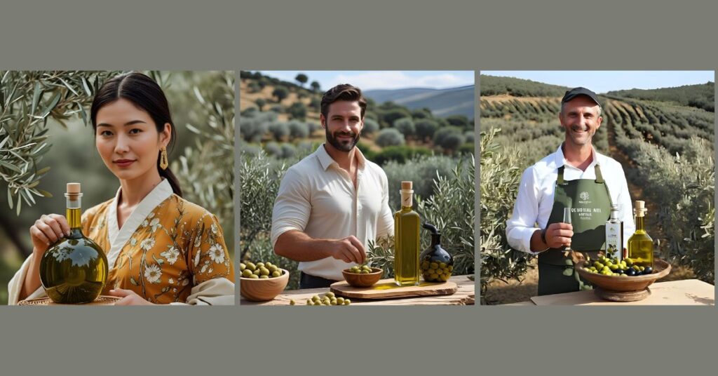 Boutique Olive Oil Producers showing their bottles inside their olive grove