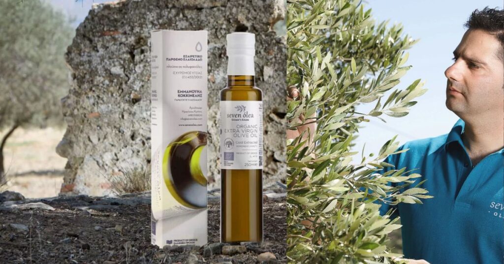 Seven Olea Cretan Olive Oil bottles with the producer