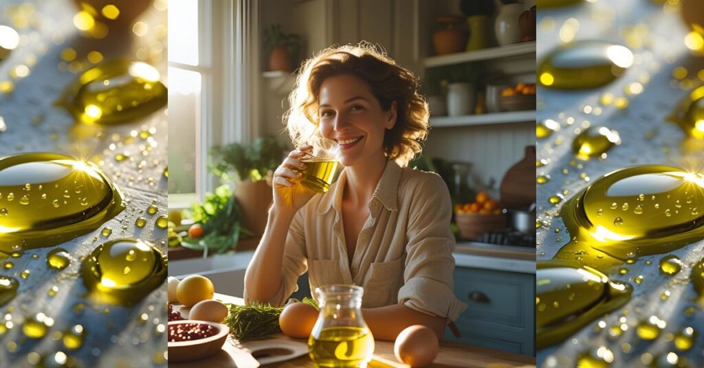 a woman drink olive oil in the morning in her kitchen