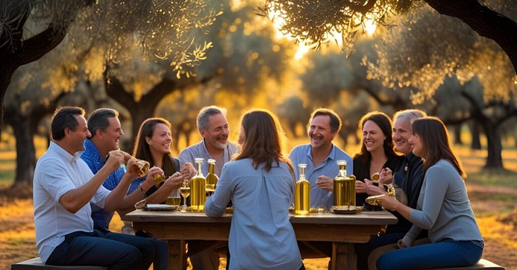 olive oil tourism tips fo a group of people having olive oil tasting on an old table in an olive grove at sunset