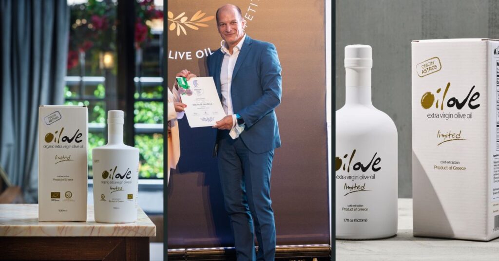 Oilove Organic Greek Olive Oil bottles with producer