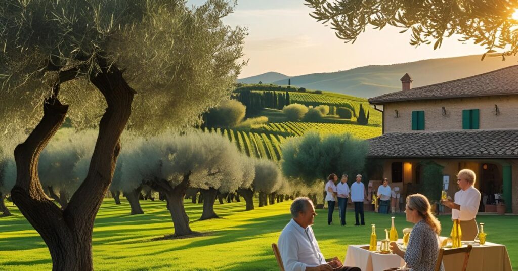 olive oil tourism with people under olive trees