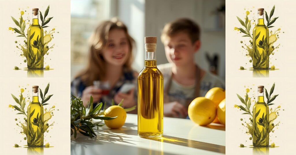 Olive oil for children’s immunity with olive oil bottle and children at the backgound